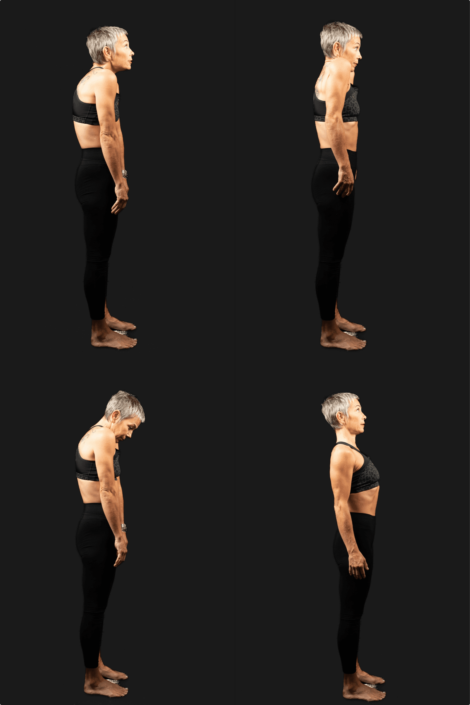 Quatre vues de posture illustrant compensations et restauration