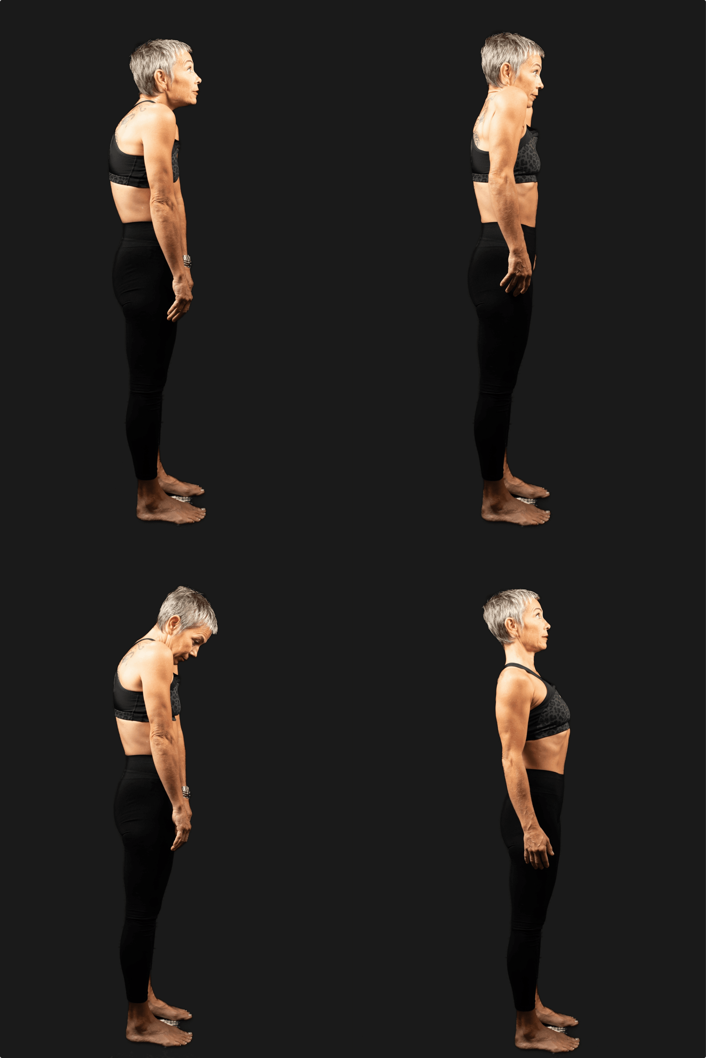 Quatre vues de posture illustrant compensations et restauration